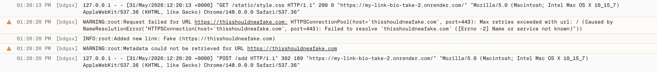 The application accepts a fake URL without any visible indication that something is wrong.
